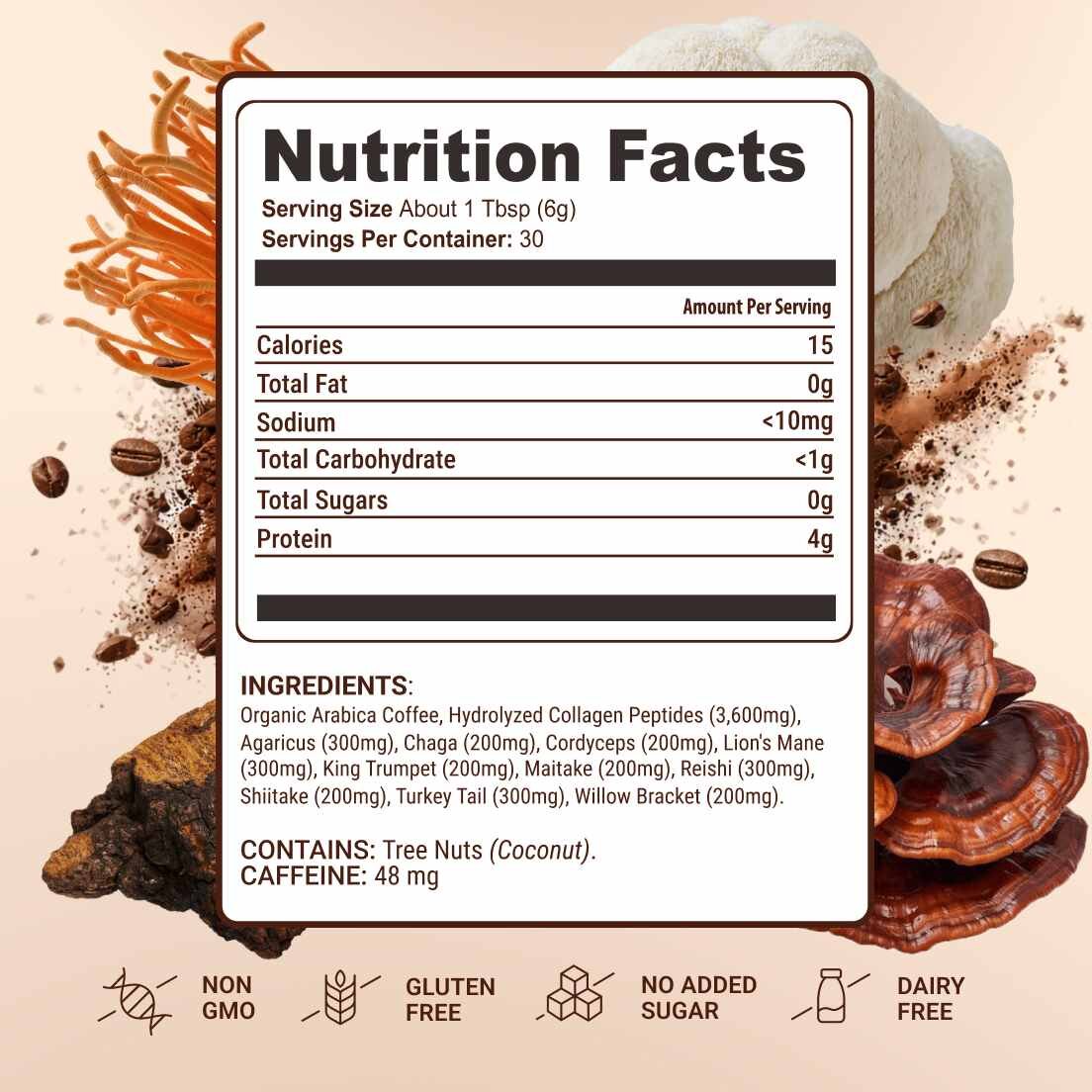 Bryt ingredients – organic Arabica coffee, functional mushrooms and hydrolysed collagen peptides